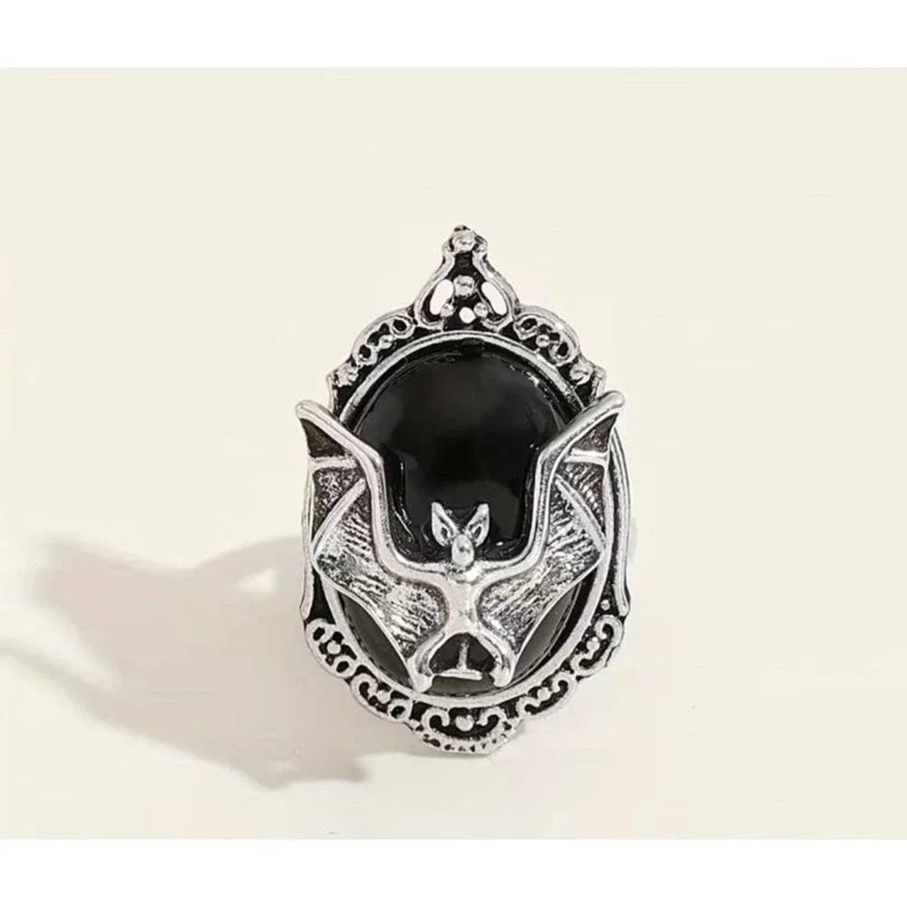 Bat Ring Halloween Gothic‎ Victorian Cameo Faux Onyx Gemstone Open Finger